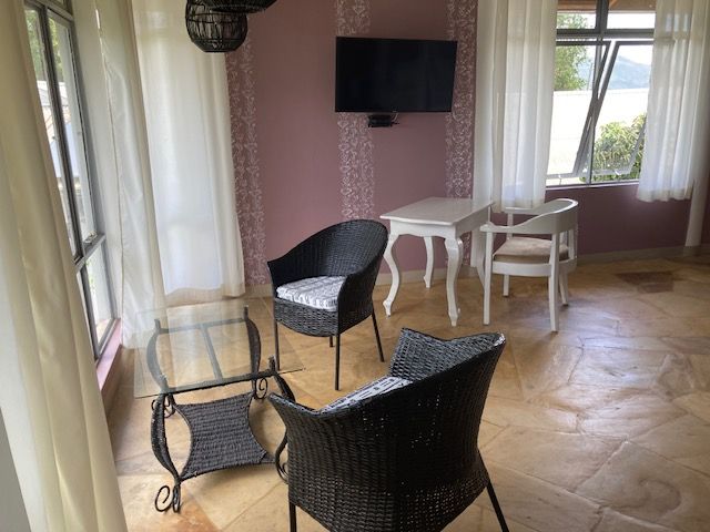 Sitting area with wicker chairs, a television and large windows