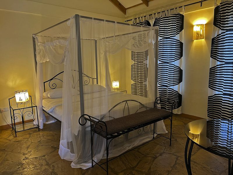 Canopy bed with wrought iron frame and striped curtains