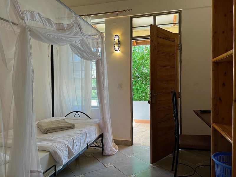 Single bed with mosquito net beside an open door